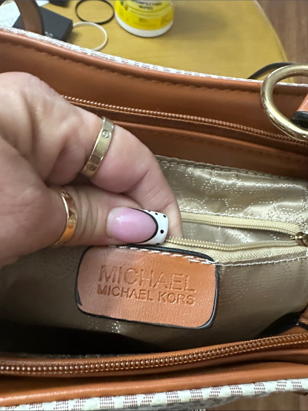 Michael Kors Cream and Tan MK Logo Shoulder Tote - Picture 7 of 10
